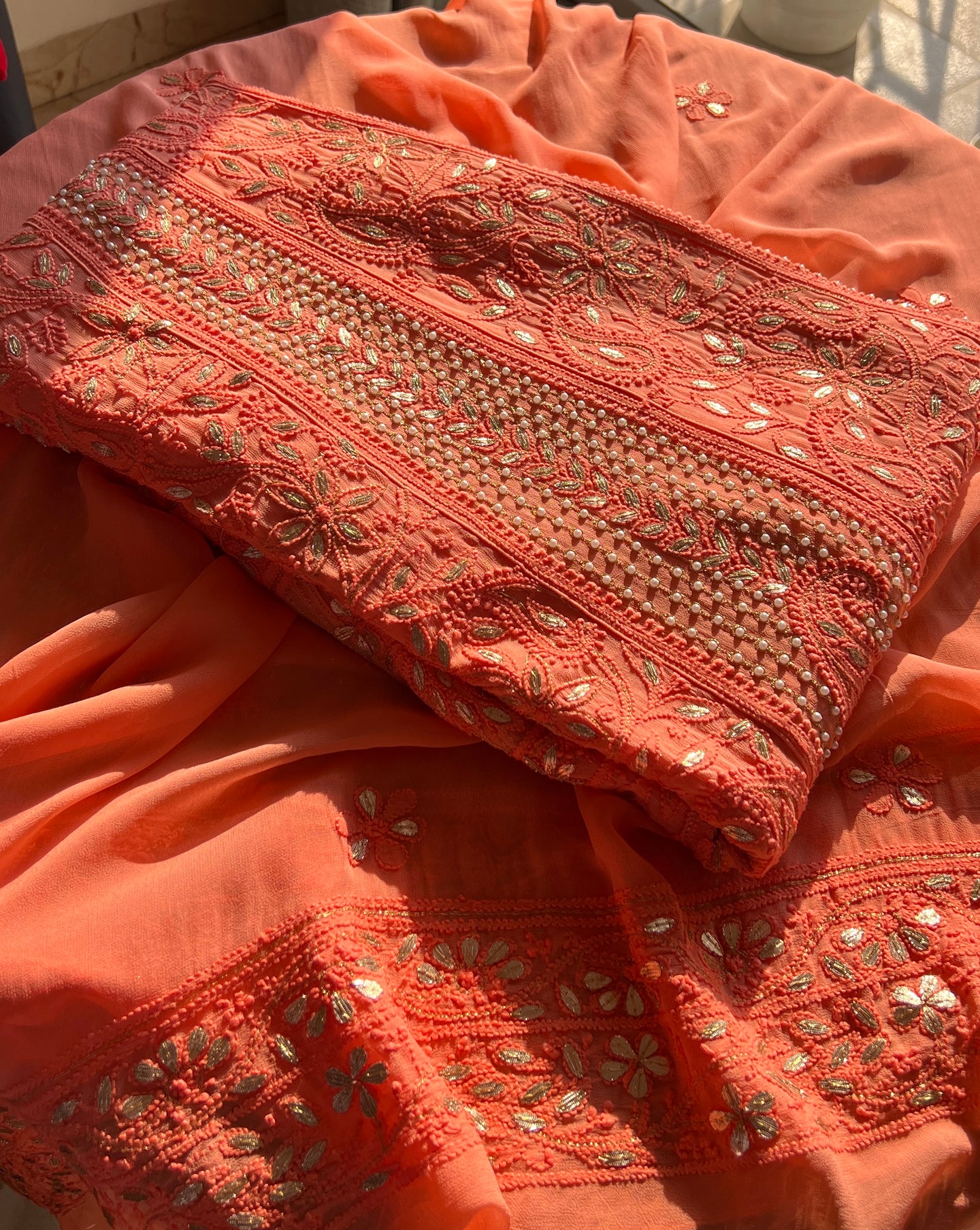 Peach Chikankari pearl and Gota Patti Anarkali